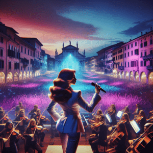 La cantante italiana Fiorella Mannoia incanta al Festival di Sanremo con una performance magistrale. L'orchestra e il maestro contribuiscono a creare un'atmosfera unica.